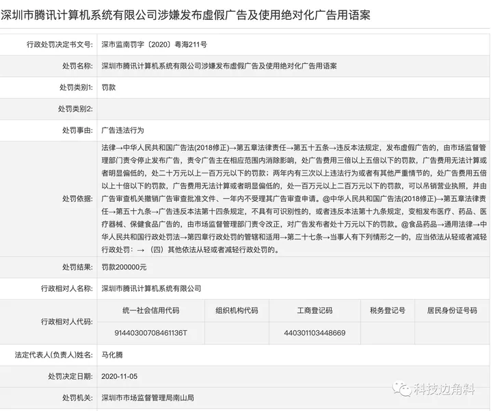 腾讯发布虚假广告被罚20万什么情况