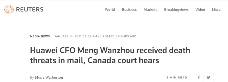 孟晚舟多次收死亡威胁信中有子弹什