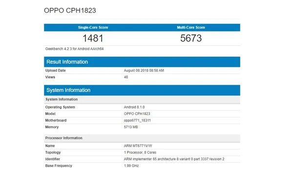 OPPO F9亮相GeekBench：单核心跑分14