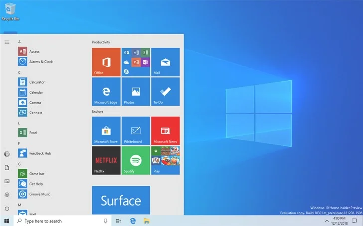 微软win10 20H1快速预览版18936更