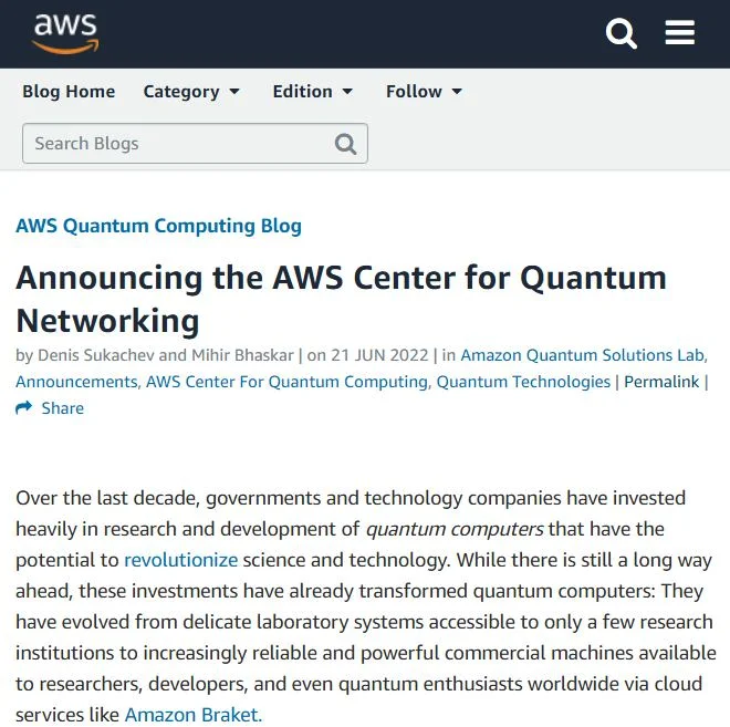 亚马逊宣布启动AWS量子网络中心研究项目
