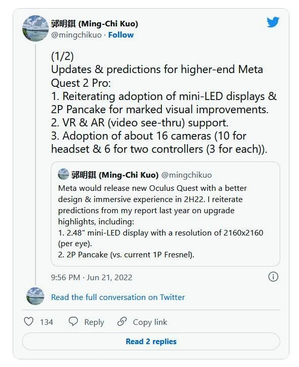 郭明錤：Meta旗下Quest 2 Pro会比苹