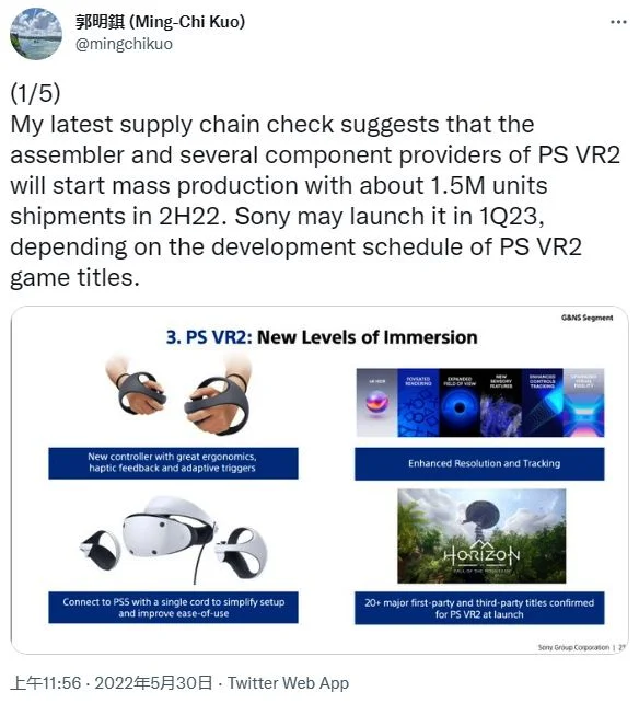 分析师：PlayStation VR2或于2023年1季度推出 预计出货量约150万部